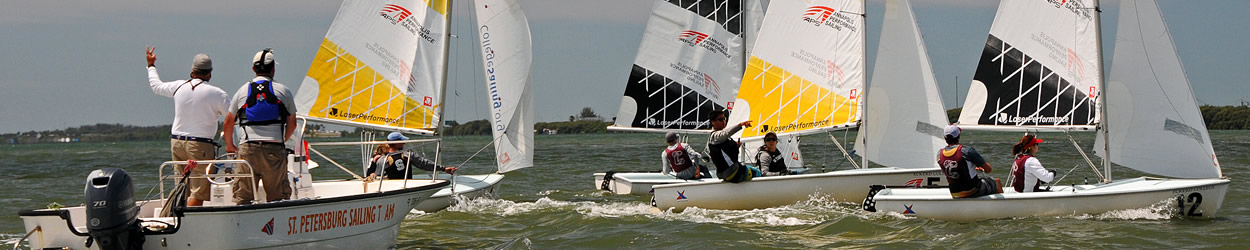 LaserPerformance Team Racing Nationals in St. Petersburg teams racing in front of umpire boat
